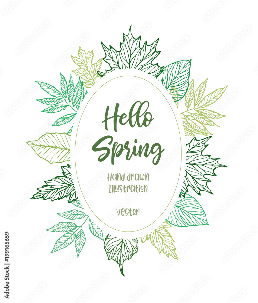 Hand drawn vector illustration. Spring label with green leaves, herbs and branches. Floral Design elements. Perfect for wedding invitations, greeting cards, blogs, posters and more Hand drawn vector illustration. Spring label with green leaves, herbs and branches. Floral Design elements. Perfect for wedding invitations, greeting cards, blogs, posters and more