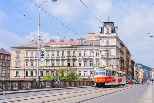 PRAGUE, CZECH REPUBLIC - MAY 2017: a classic old tram in the picturesque part of Prague.