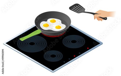 Flat isometric illustration of kitchen electric stove with frying pan. The fried scrambled eggs in the cooking pan and a hand with kitchen slotted spatula. Cookware, cooking, food vector concept.