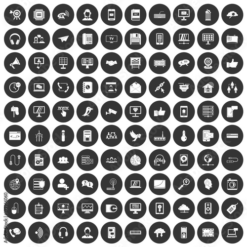 100 communication icons set black circle