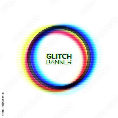 Abstract glitch texture circle frame. Geometric style art. Distorted modern round background with glitch effect. Broken glitched sign concept with rgb cmyk colors channel. Color vector illustration.