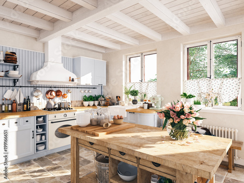 Valokuva retro kitchen in a cottage with sleeping cat. 3D RENDERING