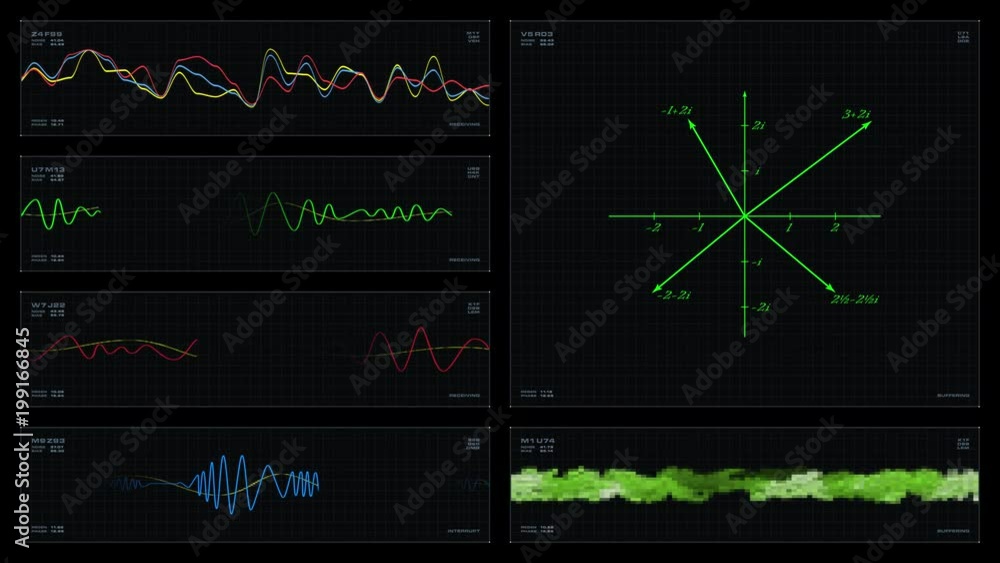 Multi-panel visual display: formulae, animated line graphs, waveforms ...