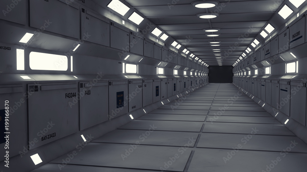 Fototapeta premium 3D render. Futuristic interior spaceship corridor