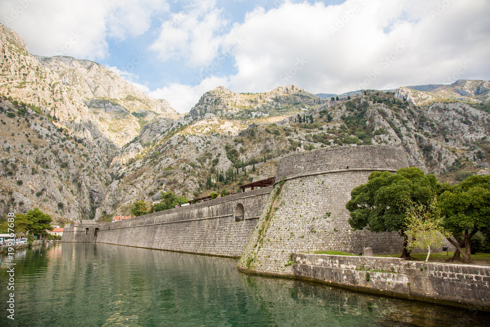 Fortress walls around  old town in Kotor, Montenegro