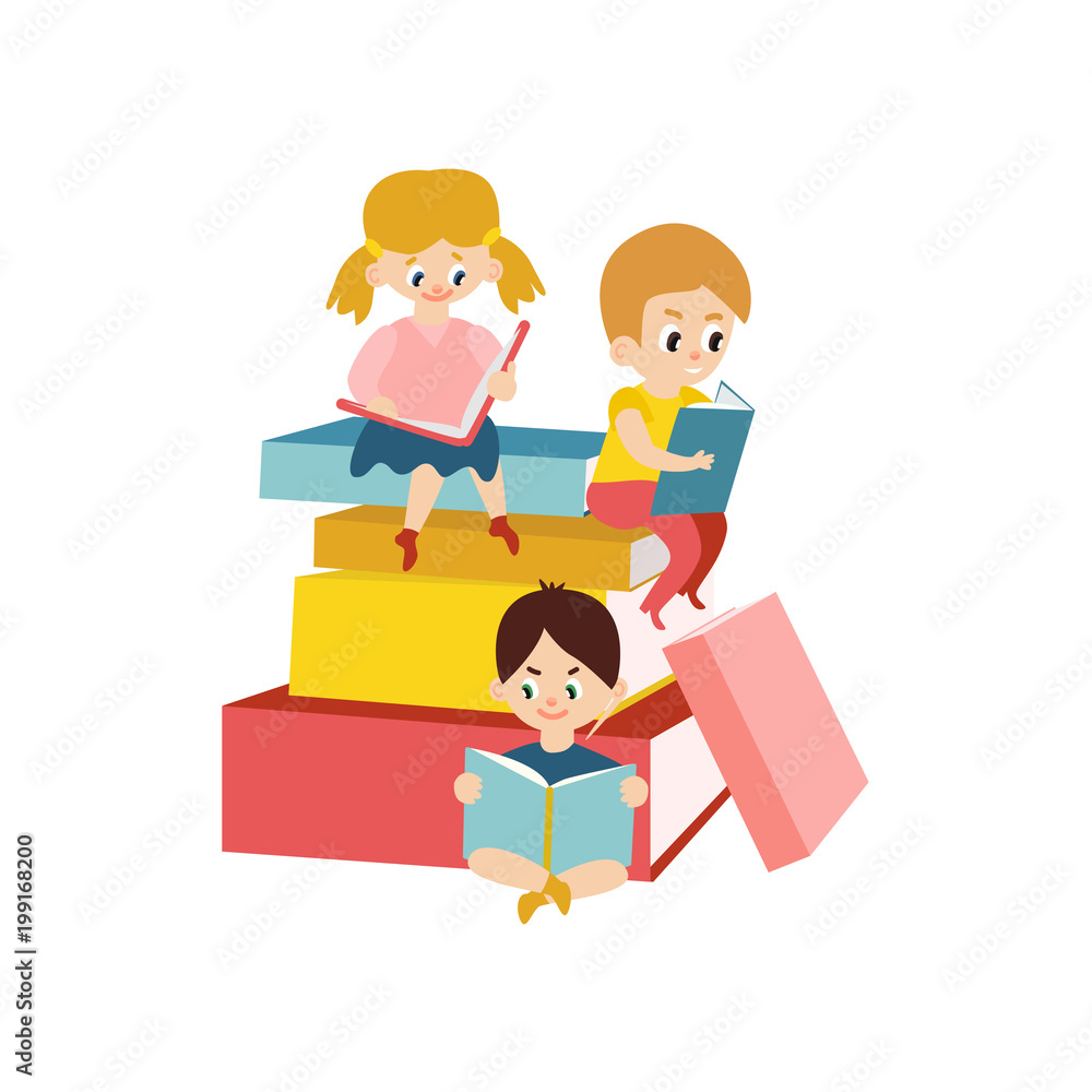 Vector flat small boy, girl male female school or kindergarten characters sitting at big book reading textbook smiling. Preschool child student, education literature concept. Isolated illustration Vector flat small boy, girl male female school or kindergarten characters sitting at big book reading textbook smiling. Preschool child student, education literature concept. Isolated illustration