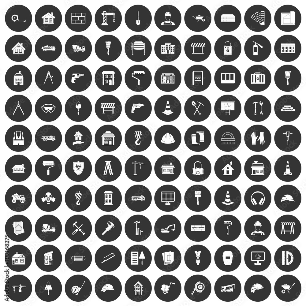 100 construction icons set black circle 100 construction icons set black circle