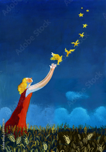 surreal creation of starssummer night with young blonde girl surrealism and poetry