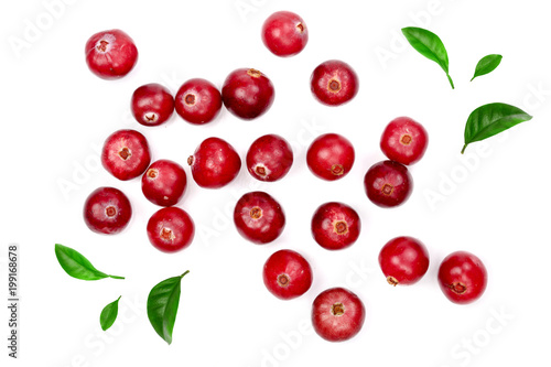 Cranberry decorated with green leaves isolated on white background closeup top view