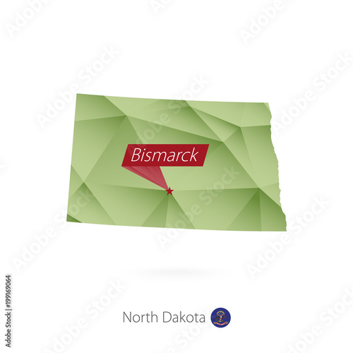 Green gradient low poly map of North Dakota with capital Bismarck