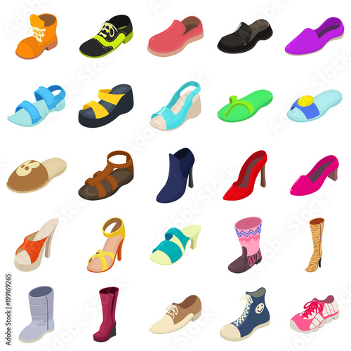 Shoes fashion types icons set, isometric style