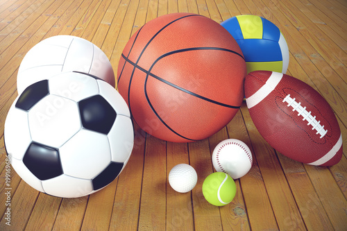 3d rendering sport balls on wooden backgorund. Set of sport balls. Sport equipment such us football  basketball  baseball  tennis  golf ball for team and individual playing for recreation and improve