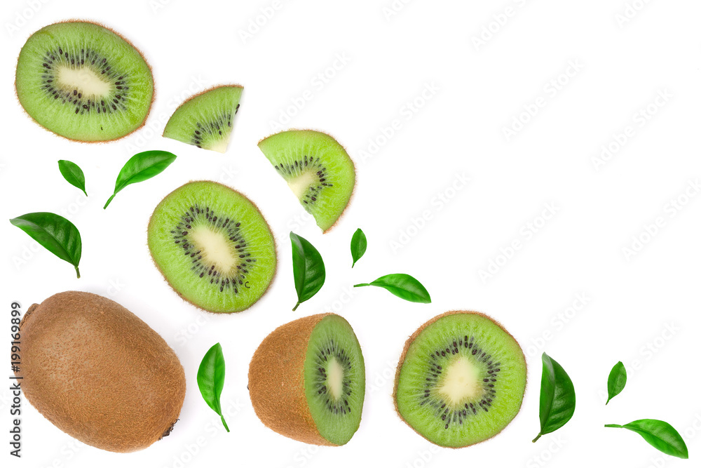 Fototapeta premium Kiwi fruit with slices isolated on white background with copy space for your text. Top view. Flat lay pattern