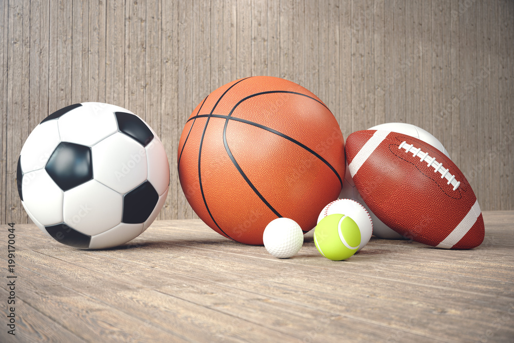3d rendering sport balls on wooden backgorund. Set of sport balls. Sport equipment such us football, basketball, baseball, tennis, golf ball for team and individual playing for recreation and improve
