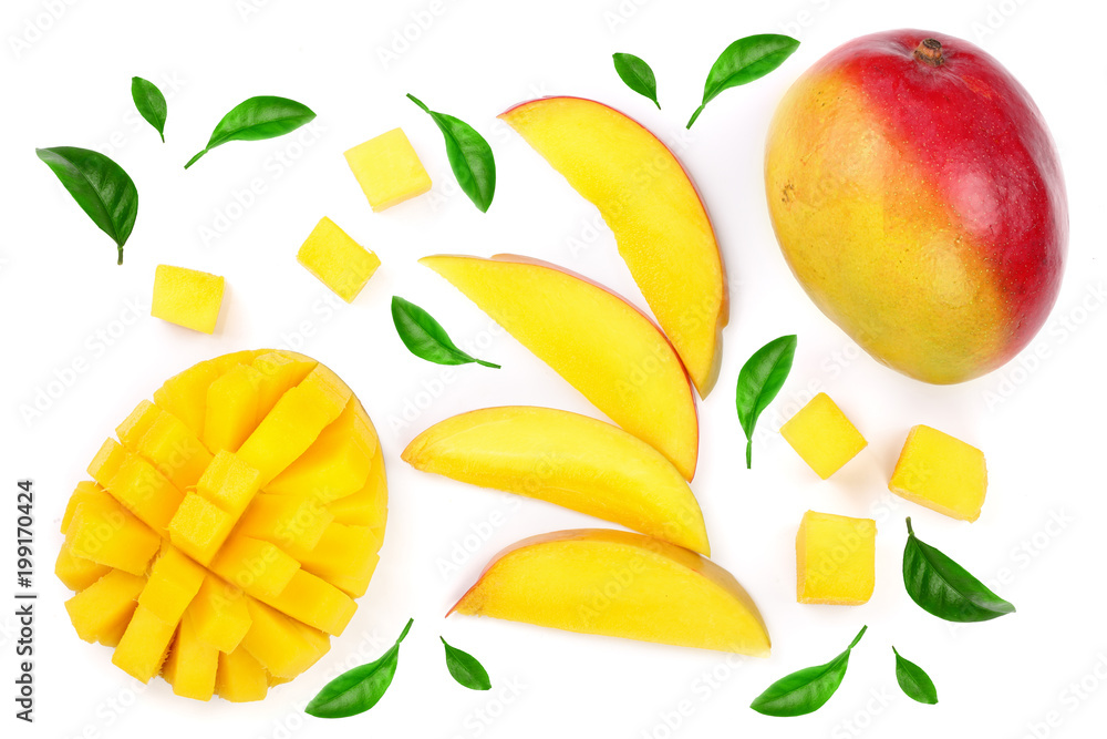 Mango fruit and half decorated with leaves isolated on white background close-up. Top view. Flat lay Mango fruit and half decorated with leaves isolated on white background close-up. Top view. Flat lay