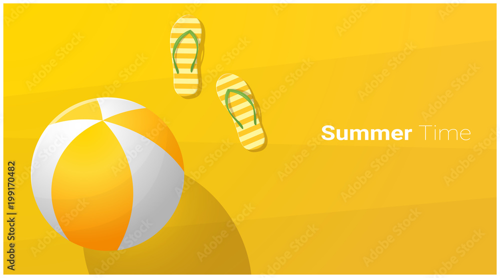 Fototapeta premium Hello Summer season background with sandals and beach ball on tropical beach , vector , illustration