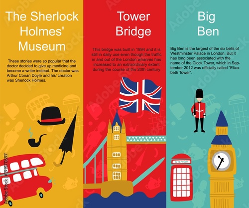 vector flat London, United kingdom, great britain symbols banners set. British flag, royal guardian phone booth, double decker bus, Big Ban Tower of London, gentleman hat, umbrella, smoking pipe icon.