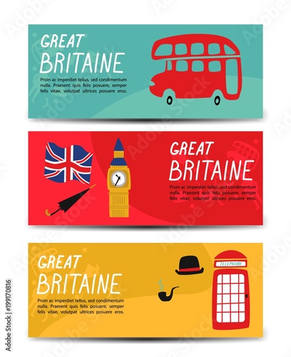 vector flat London, United kingdom, great britain symbols isolated banners set. British flag, phone booth, double decker bus, Big Ban Tower of London, gentleman hat, umbrella, smoking pipe icon.