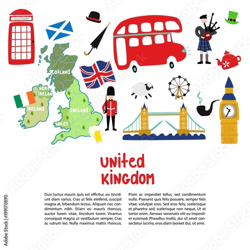 vector flat London, United kingdom, great britain symbols poster template. British flag, royal guardian phone booth, double decker bus, Big Ban Tower of London, gentleman hat, umbrella, smoking pipe
