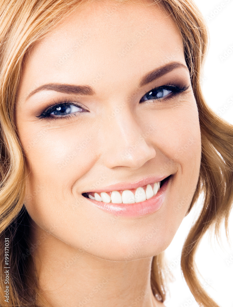 Happy smiling young woman, over white