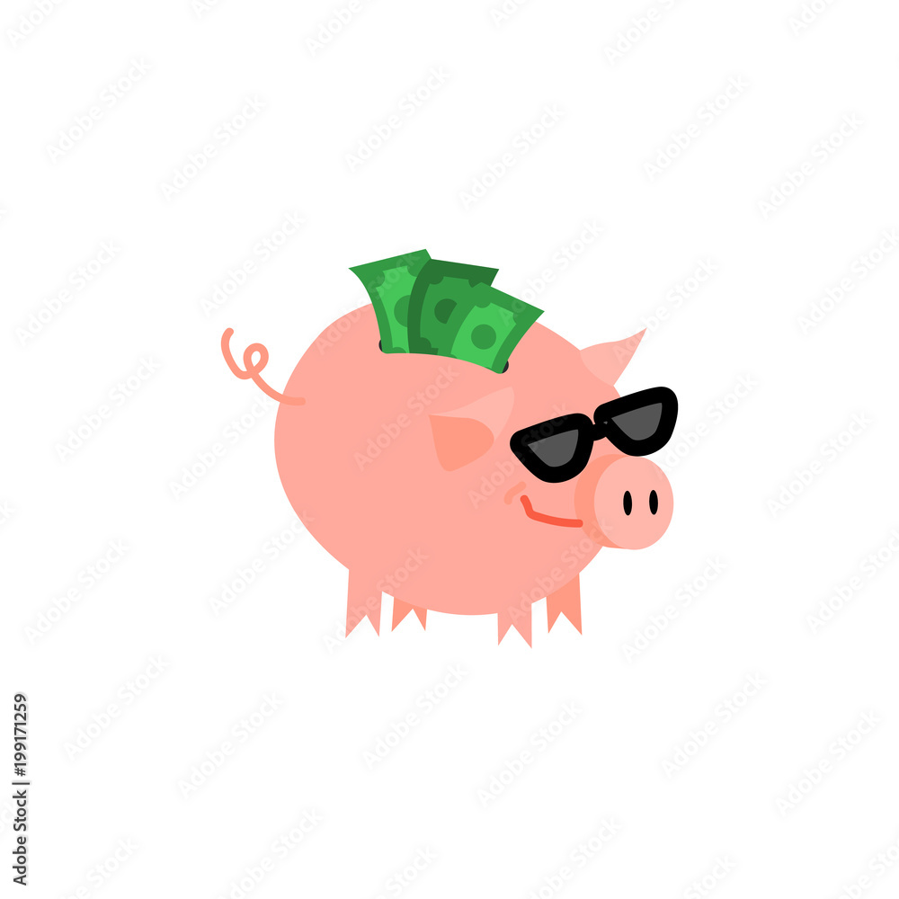 Cartoon piggy bank in sunglasses icon. Cheerful pig money box full of  savings with happy facial expression. Business finance, banking rich and  weath concept. Vector isolated background illustration Stock Vector | Adobe