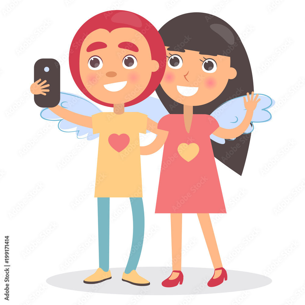 Boy Girl Couple Wings on Back Making Selfie Photo Boy Girl Couple Wings on Back Making Selfie Photo