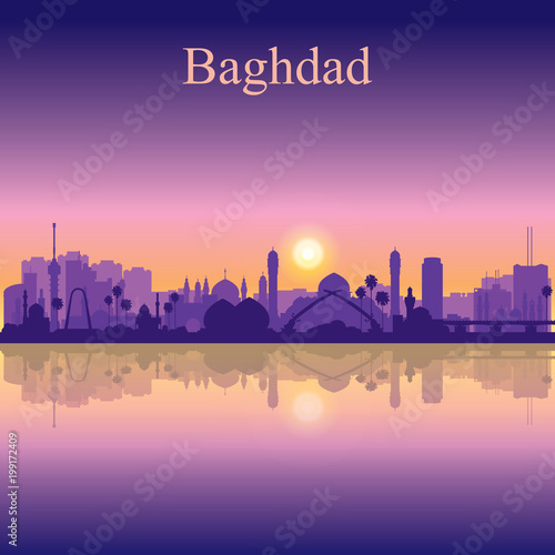 Baghdad city silhouette on sunset background