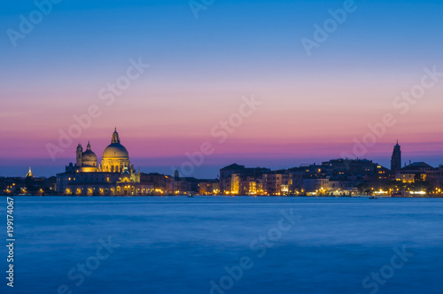 Venice at twilight. Blue hour on the San Marco basin. Italian landscape. Venice postcard.