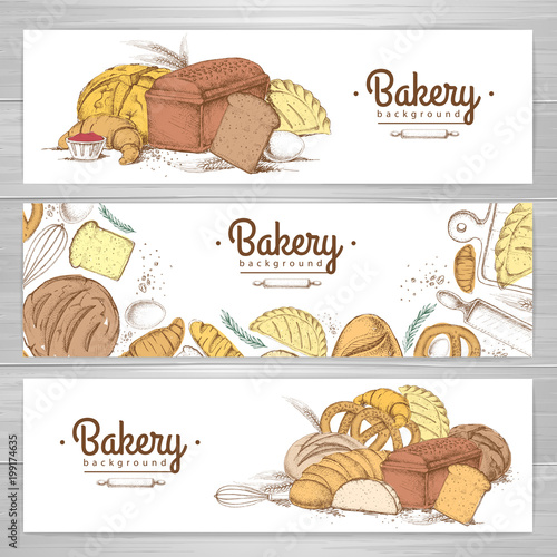 Set of retro bakery banners. Bakery products illustration