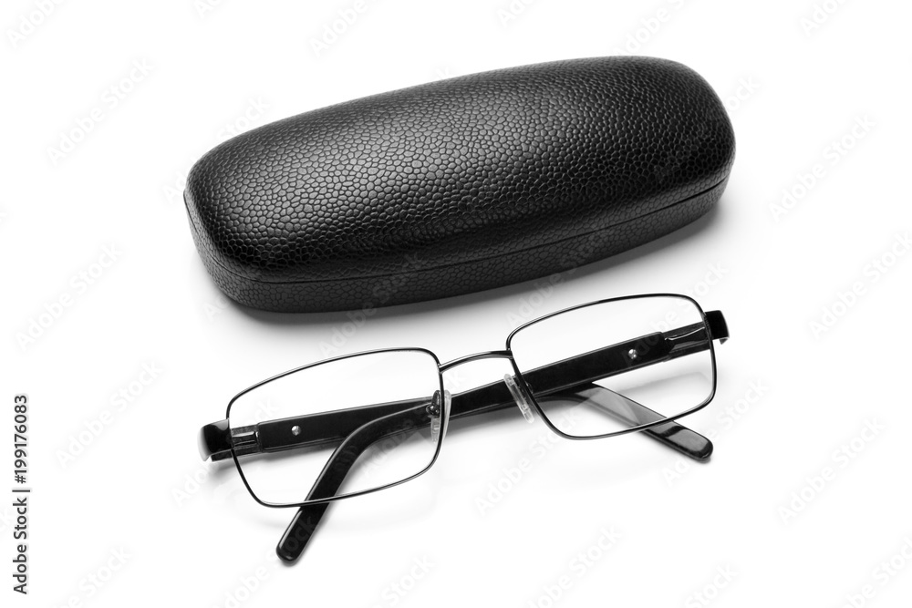 Black leatherette eyeglass case and eyeglasses in fine metal frame Black leatherette eyeglass case and eyeglasses in fine metal frame
