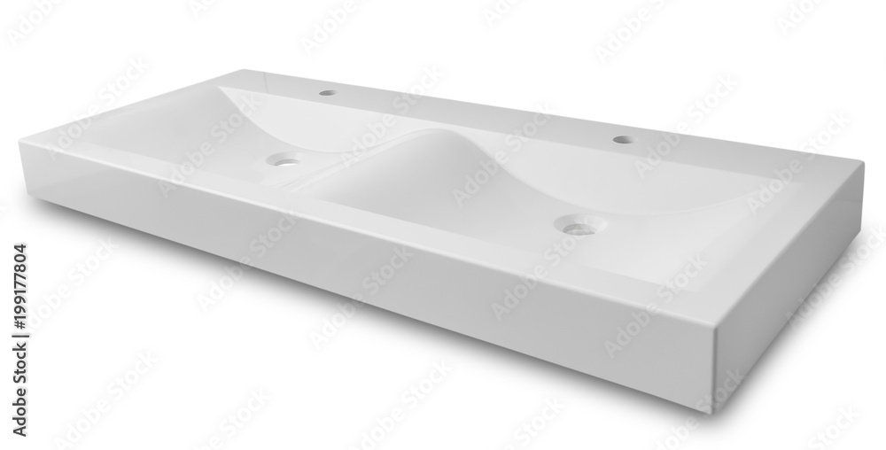 White rectangular modern washbasin for two people in a bathroom of artificial stone White rectangular modern washbasin for two people in a bathroom of artificial stone