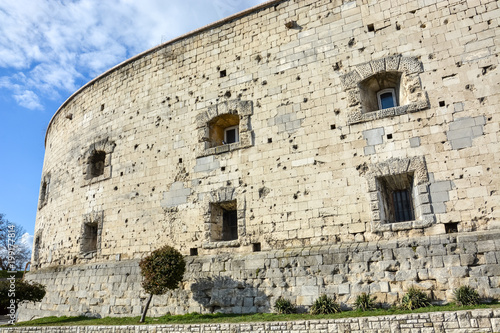 Bullet holes in the stone wall of the citadel in Budapest