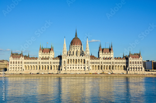 Famous Budapest parliament at the river Danube during sunset from the front