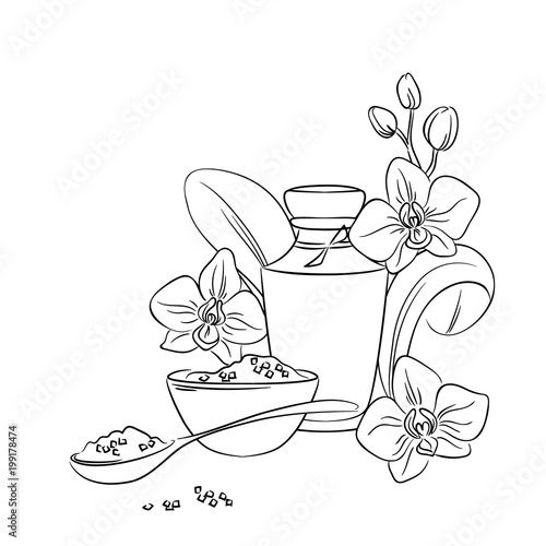 vector contour spa set bottles salt bowl orchid flowers