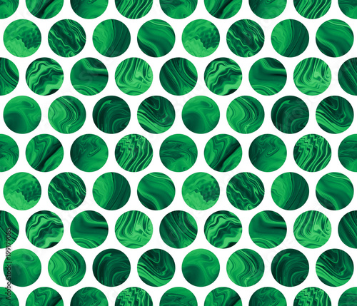 Abstract seamless polka dot pattern with green marble textures. Fantasy geometric fractal background.