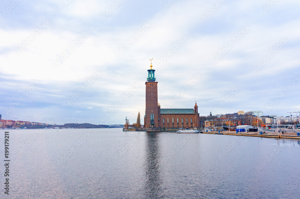 the city hall of Stockholm and its reflection in the sea