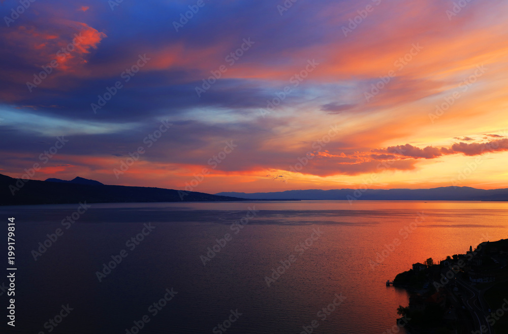 Sunset over Leman Lake, Geneva, Europe