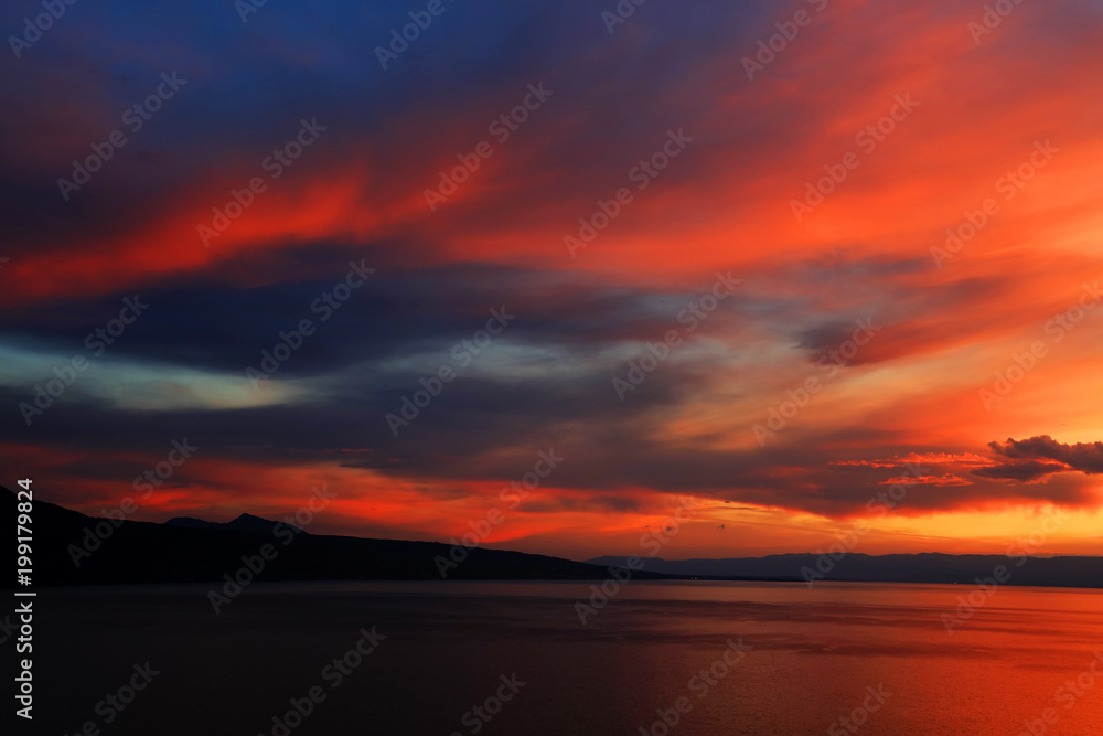 Sunset light over Leman Lake, Geneva, Europe