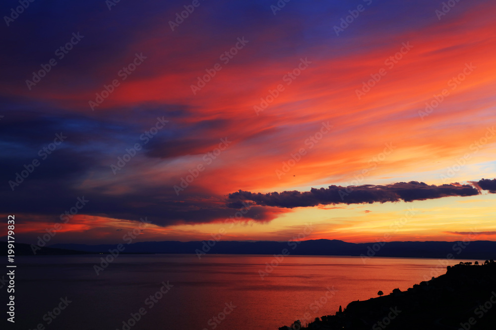 Sunset light over Leman Lake, Geneva, Europe