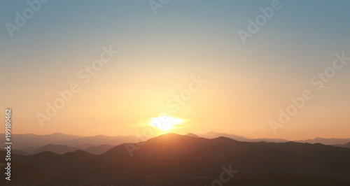 Sunset above Ridge mountains panoramaic landscape . Sunrise nature background. Lovcen, Montenegro