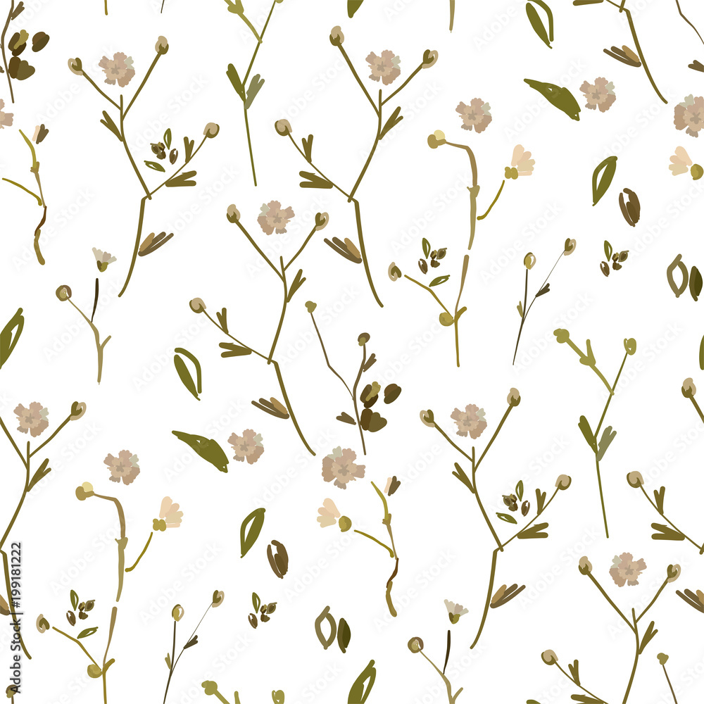 Floral design seamless pattern on white background. Summer wild flowers, leaves  and plant hand drawn on white background. Vector illustration for textile, wrapping, fabric prints, scrapbooking..