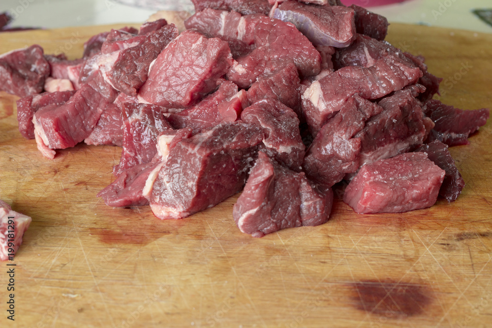 Raw meat is sliced for cooking. Raw meat is sliced for cooking.