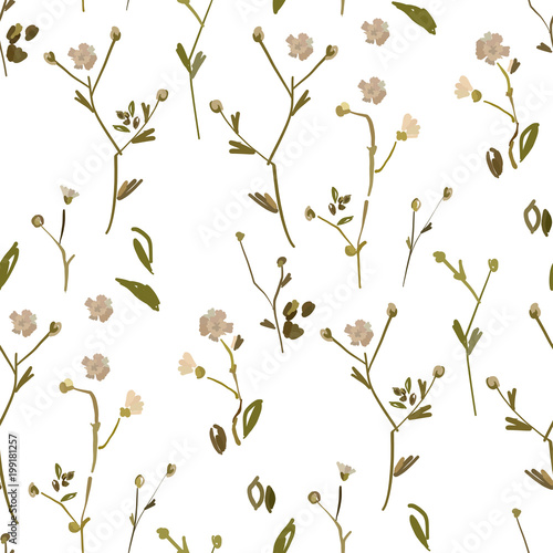 Fototapeta Naklejka Na Ścianę i Meble -  Floral design seamless pattern on white background. Summer wild flowers, leaves  and plant hand drawn on white background. Vector illustration for textile, wrapping, fabric prints, scrapbooking..