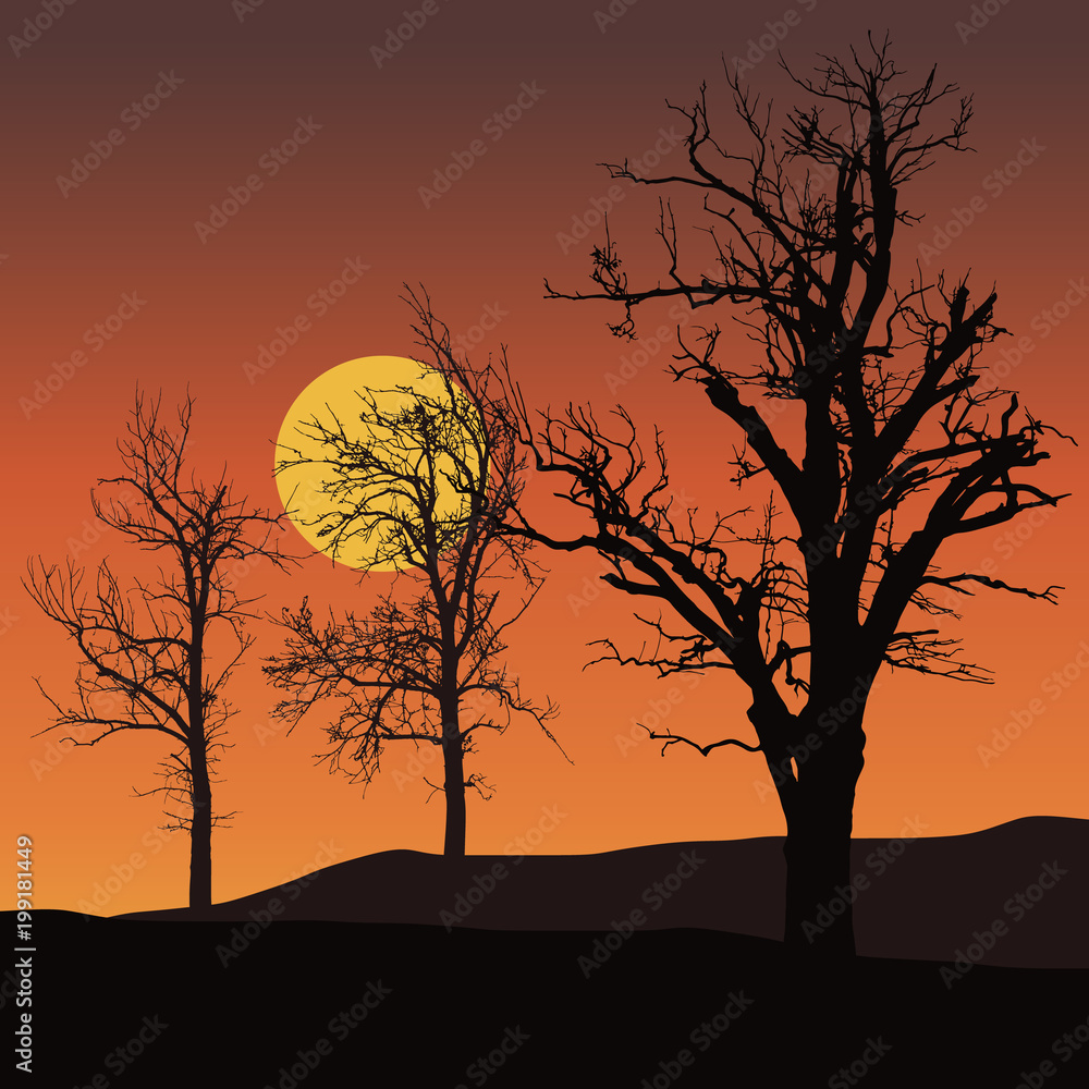 dead trees with sun or moon in background under orange sky - vector