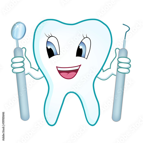Tooth dentist with mirror and dental instrument