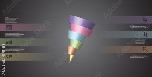 3D illustration infographic template with askew cone horizontally sliced to six shifted parts