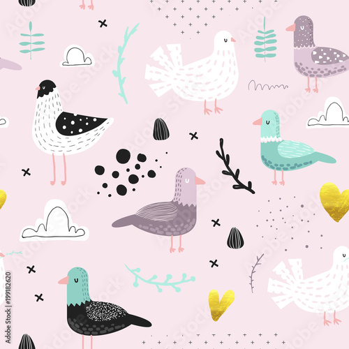 Seamless Pattern with Cute Doves. Creative Hand Drawn Childish Bird Pigeon Background for Fabric, Wallpaper, Decoration. Vector illustration