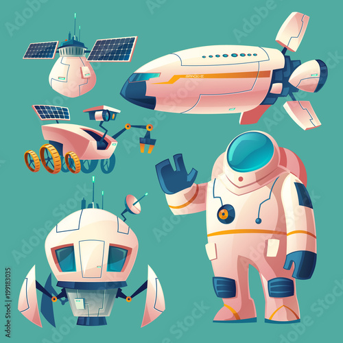 Vector cartoon clipart with objects for space exploration, astronaut in spacesuit, rover, shuttle, spaceship for flights across the universe, research station with solar batteries. Futuristic concept