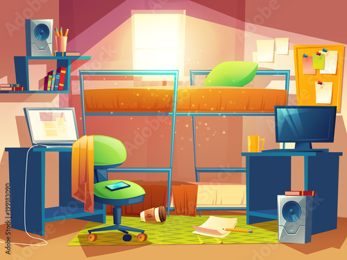 Vector cartoon illustration of small dorm room, dormitory interior inside, hostel bedroom. Cozy apartment for students in college campus with furniture, bunk bed, armchair, bookshelf, computer