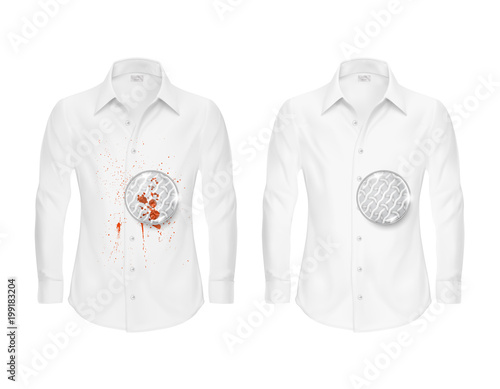 Vector set of two realistic white shirts, clean and dirty, with magnifying glass showing fabric fibers before and after washing, isolated on background. Detergent use, cleaning concept illustration